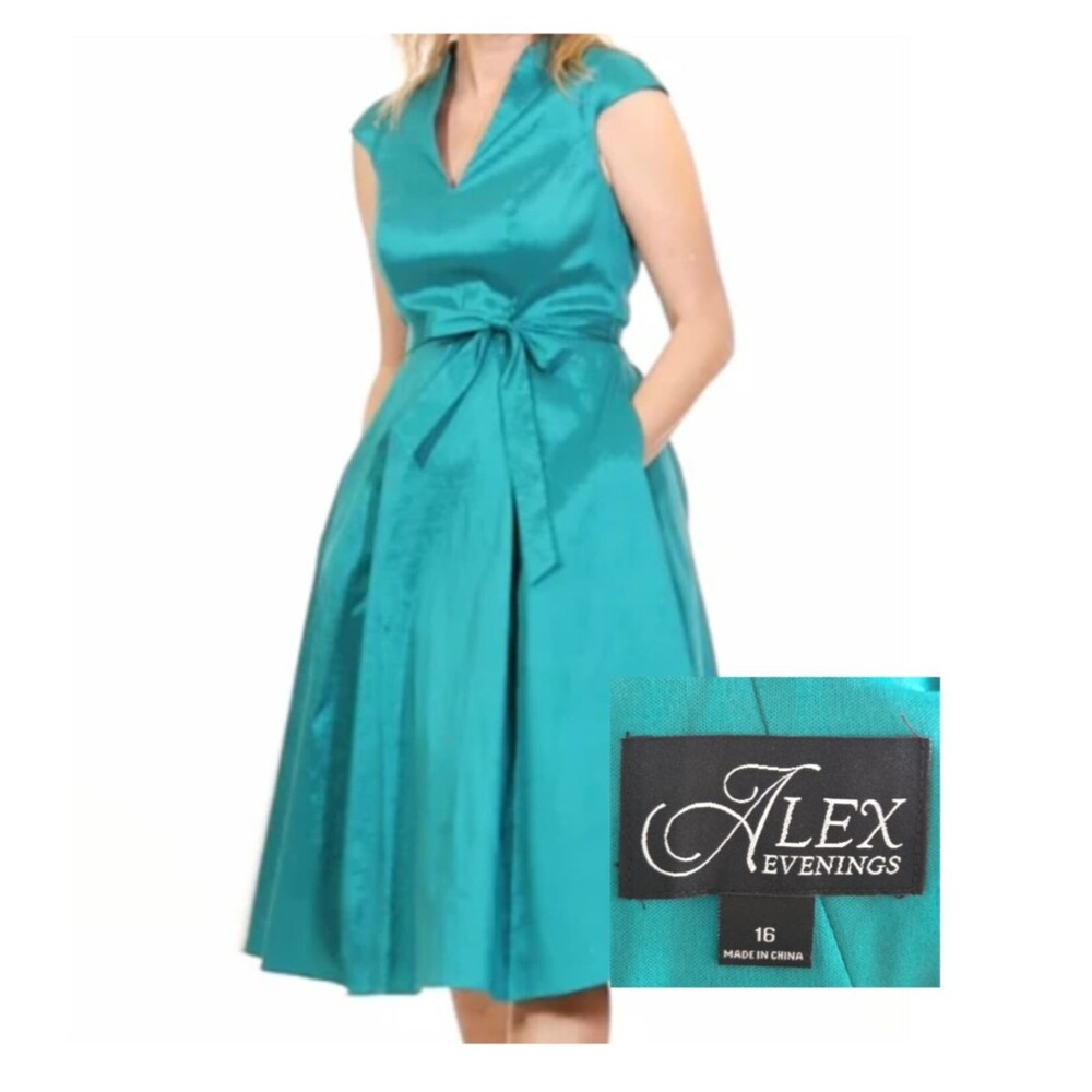 Alex Evenings Teal Stretch Taffeta Cocktail‎ Party Dress Size 16 Belted A-Line